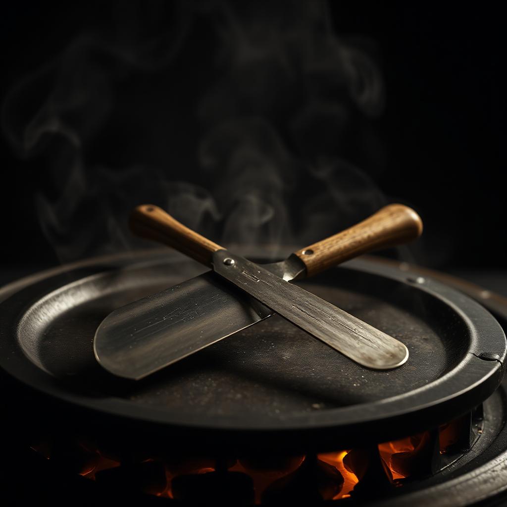 Authentic Sri Lankan kottu twin cleavers on a hot flat-top griddle